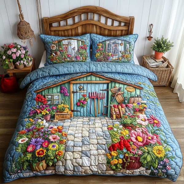 Rustic Garden quilted 3-piece bedding set on a made bed in a farmhouse bedroom