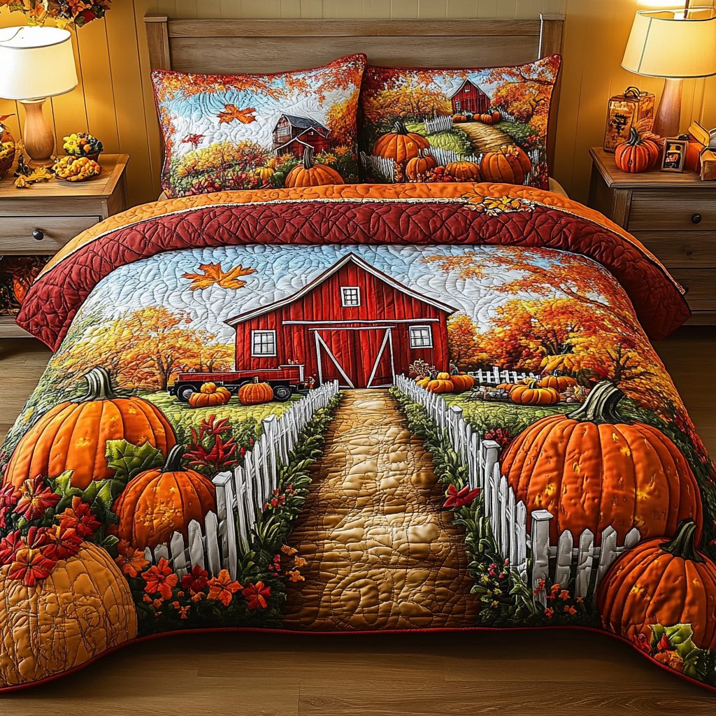 Rustic Gate quilted 3-piece bedding set on a made bed in a farmhouse bedroom