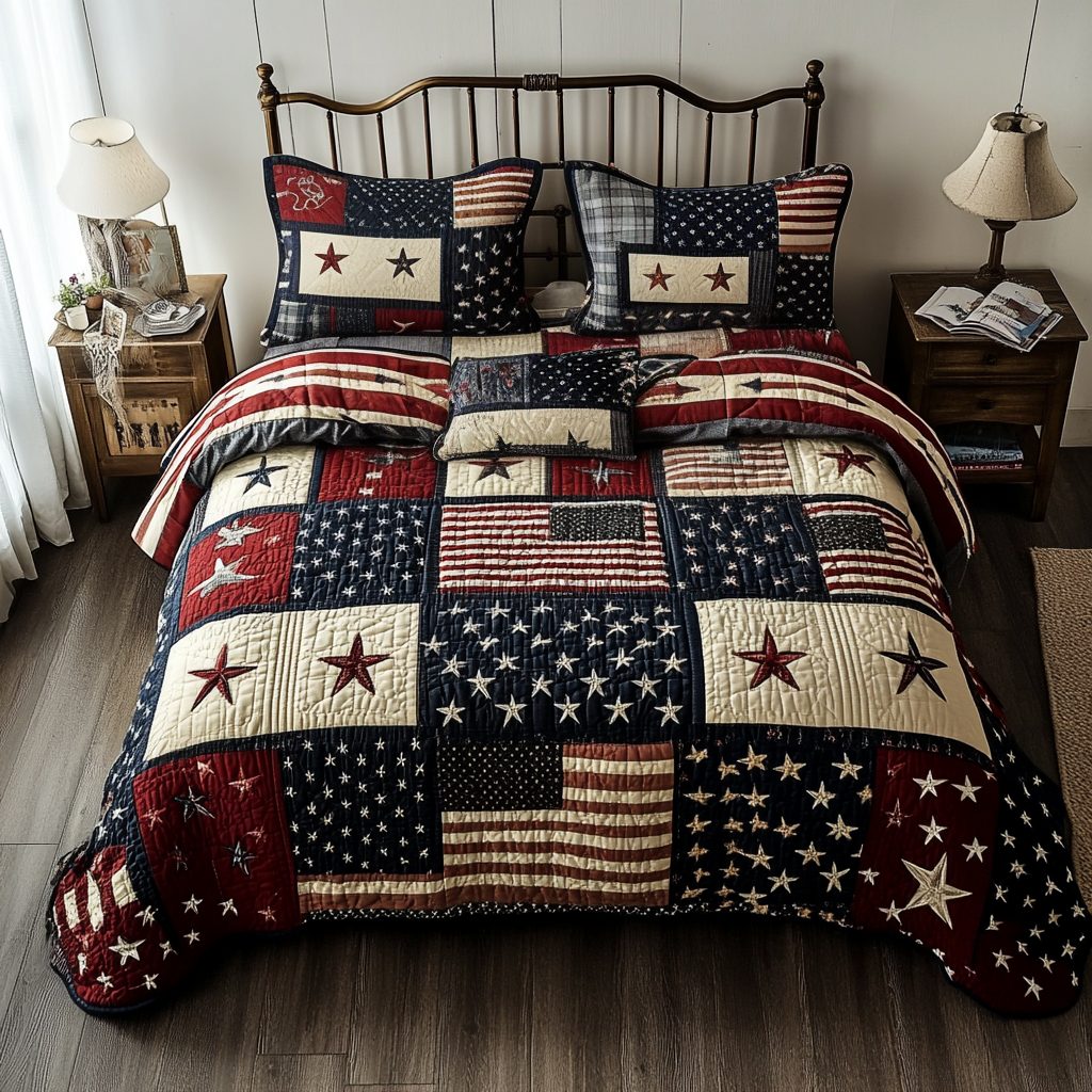 Rustic Glory quilted 3-piece bedding set on a made bed in a farmhouse bedroom