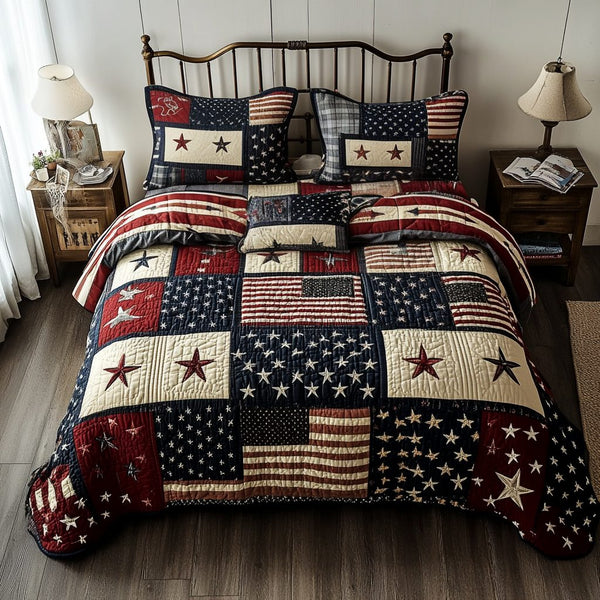 Rustic Glory quilted 3-piece bedding set on a made bed in a farmhouse bedroom