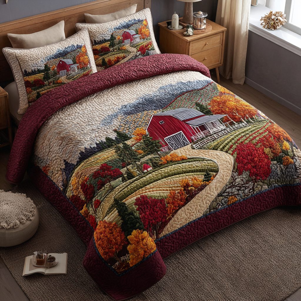 Rustic Glow quilted 3-piece bedding set on a made bed in a farmhouse bedroom