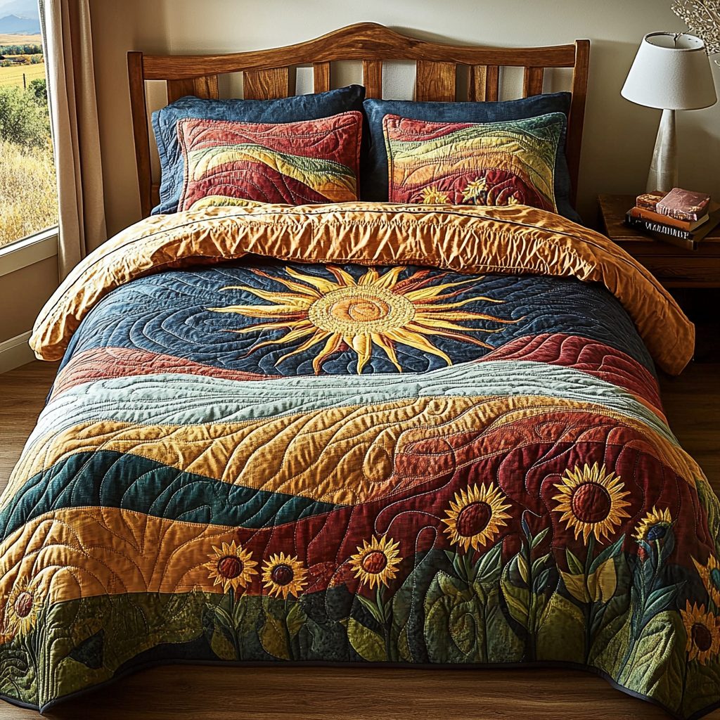 Rustic Glow quilted 3-piece bedding set on a made bed in a farmhouse bedroom