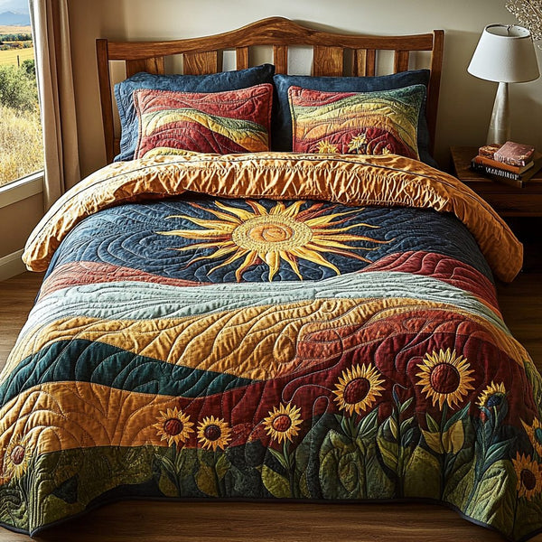Rustic Glow quilted 3-piece bedding set on a made bed in a farmhouse bedroom