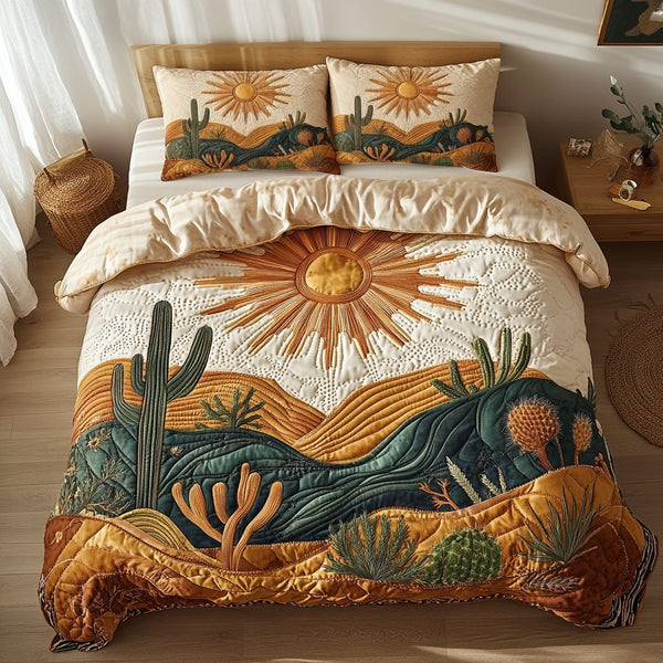 Rustic Glow quilted 3-piece bedding set on a made bed in a farmhouse bedroom