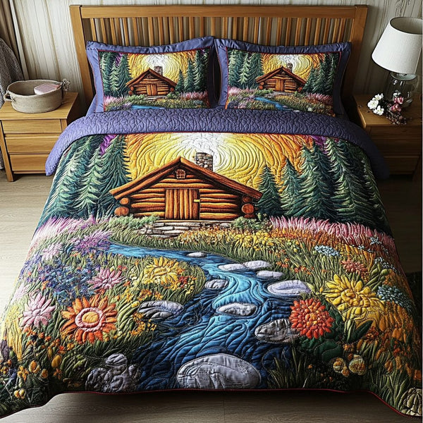 Rustic Glow quilted 3-piece bedding set on a made bed in a farmhouse bedroom