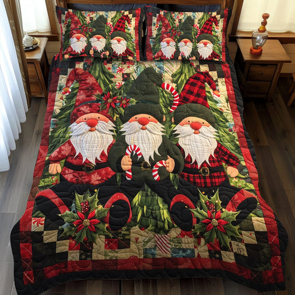 Rustic Gnome quilted 3-piece bedding set on a made bed in a winter-styled bedroom