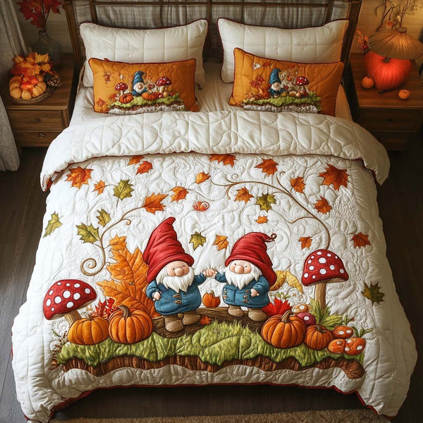 Rustic Gnome Whispers quilted 3-piece bedding set on a made bed in a winter-styled bedroom