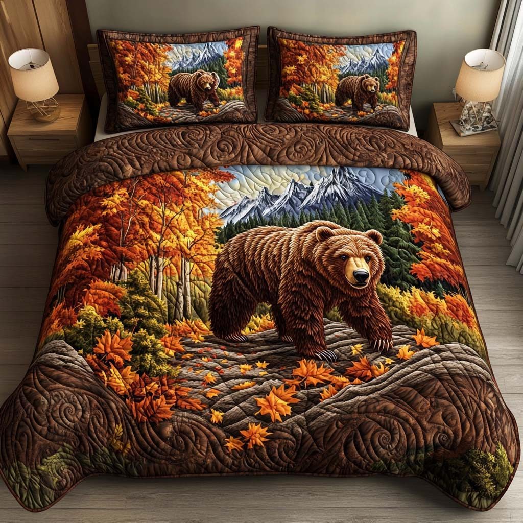 Rustic Grizzly quilted 3-piece bedding set on a made bed in a farmhouse bedroom