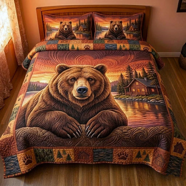 Rustic Guardian quilted 3-piece bedding set on a made bed in a farmhouse bedroom