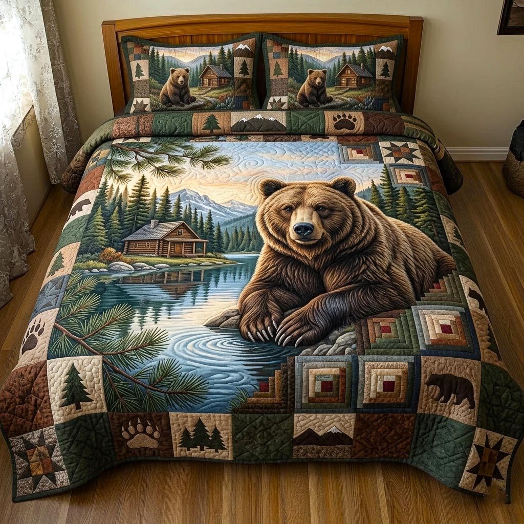 Rustic Guardian quilted 3-piece bedding set on a made bed in a farmhouse bedroom