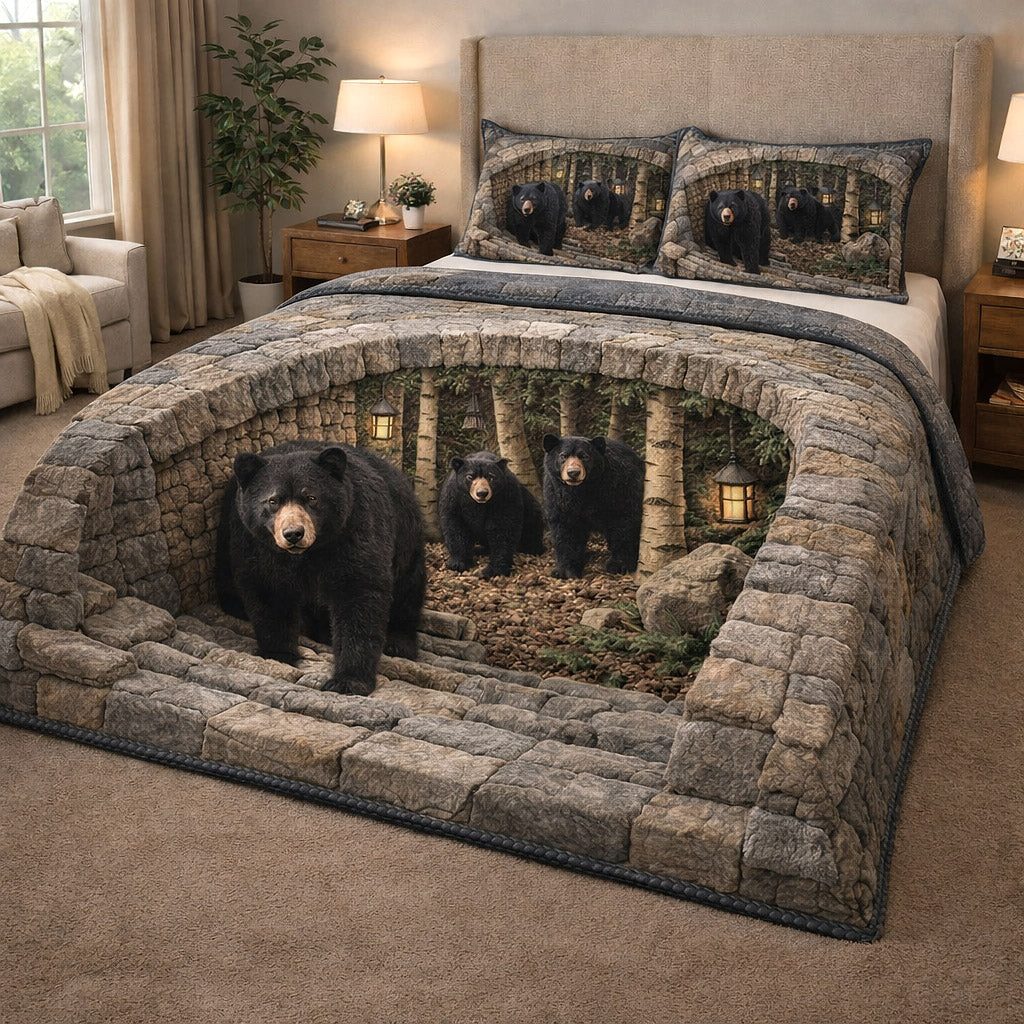 Rustic Guardian quilted 3-piece bedding set on a made bed in a farmhouse bedroom