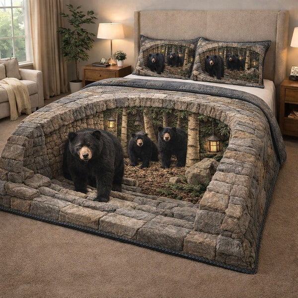 Rustic Guardian quilted 3-piece bedding set on a made bed in a farmhouse bedroom