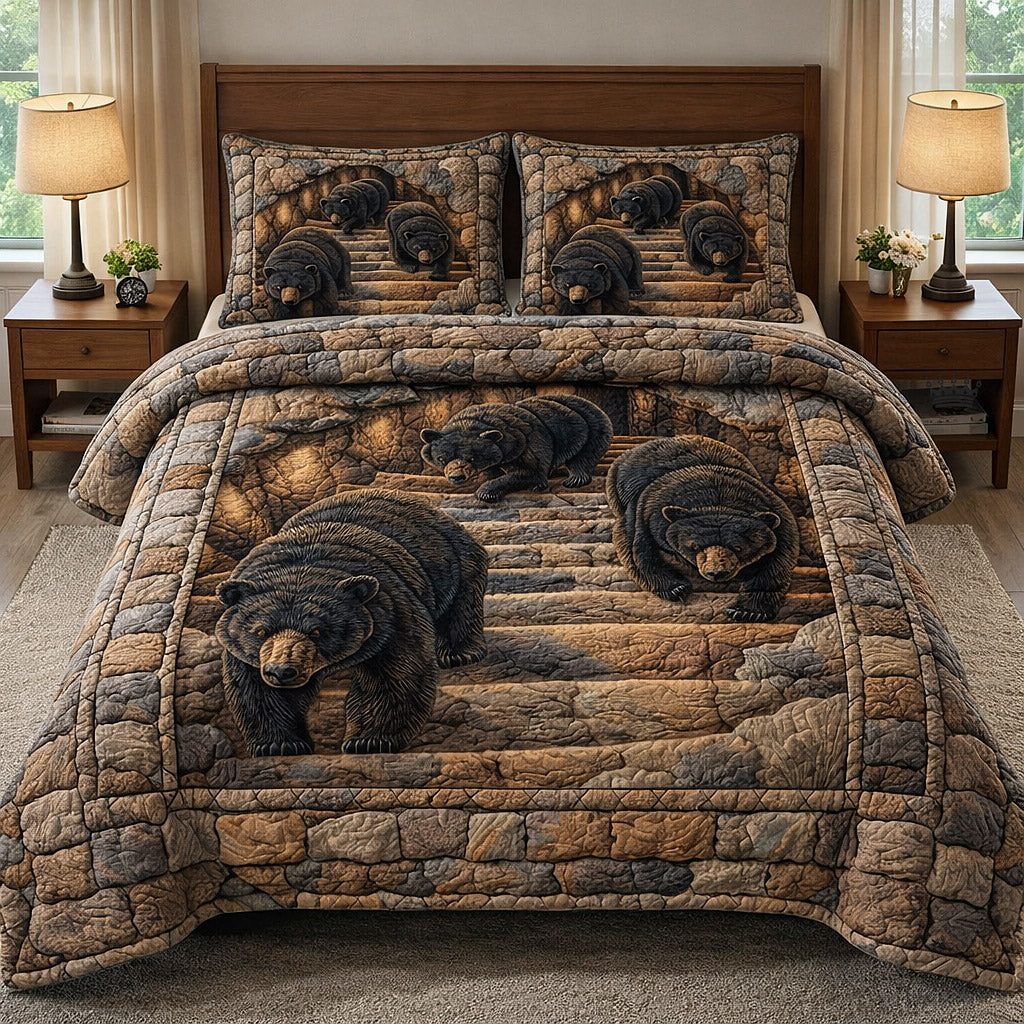 Rustic Guardian quilted 3-piece bedding set on a made bed in a farmhouse bedroom