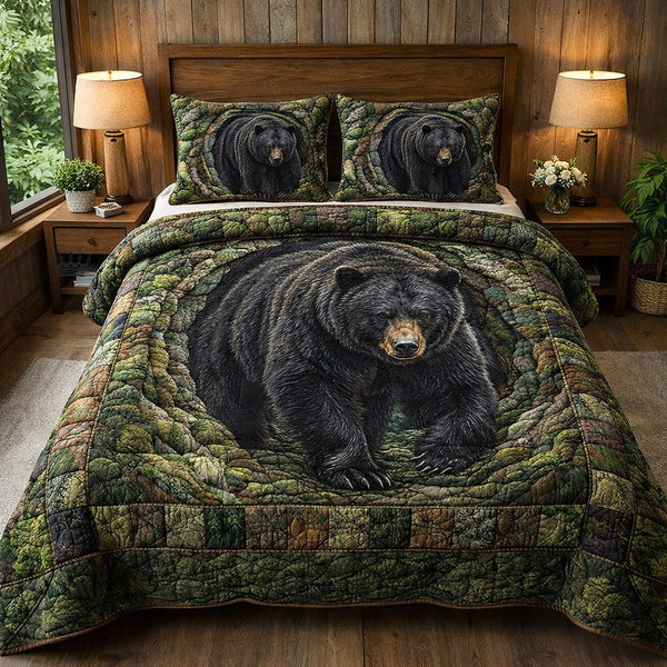 Rustic Guardian quilted 3-piece bedding set on a made bed in a farmhouse bedroom