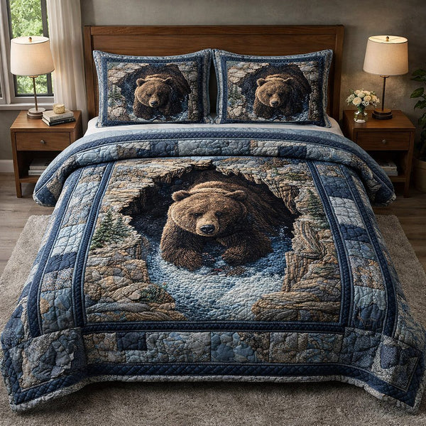 Rustic Guardian quilted 3-piece bedding set on a made bed in a farmhouse bedroom