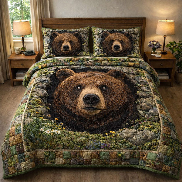 Rustic Guardian quilted 3-piece bedding set on a made bed in a farmhouse bedroom