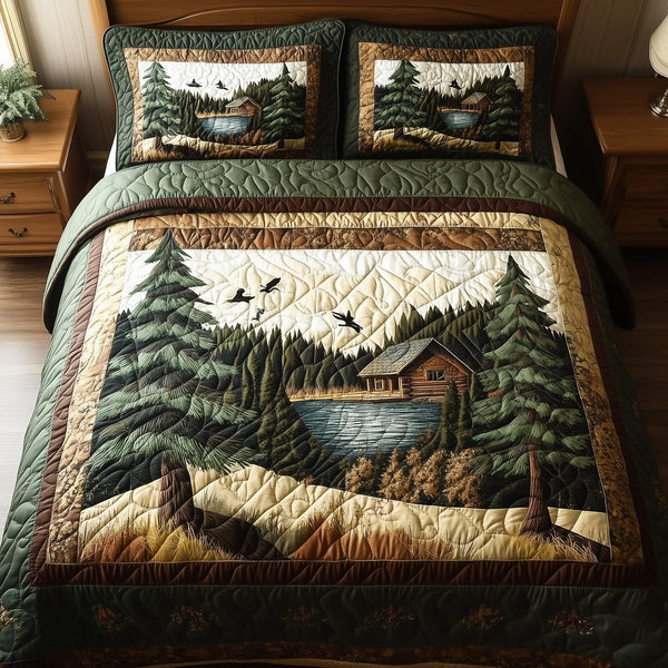 Rustic Harmony quilted 3-piece bedding set on a made bed in a farmhouse bedroom