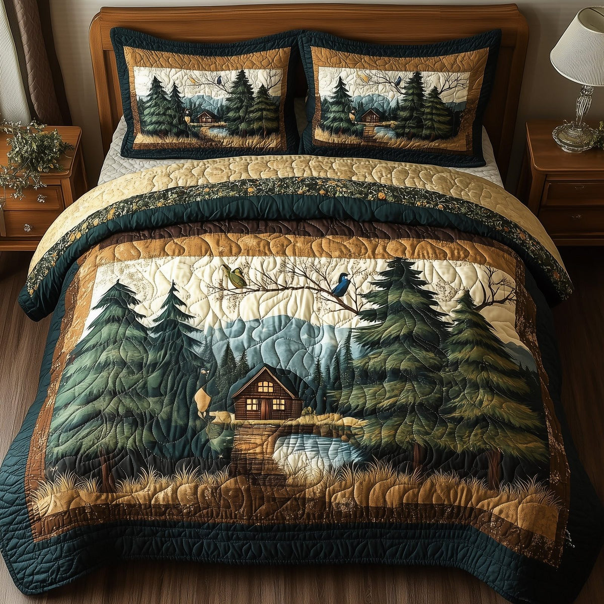 Rustic Harmony quilted 3-piece bedding set on a made bed in a farmhouse bedroom