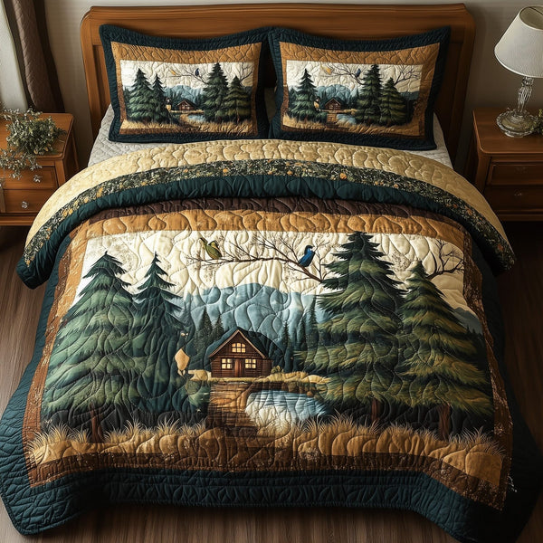 Rustic Harmony quilted 3-piece bedding set on a made bed in a farmhouse bedroom