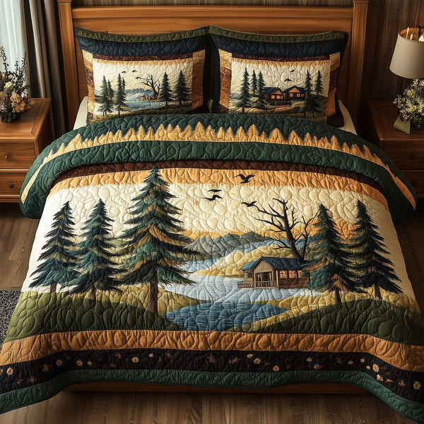 Rustic Harmony quilted 3-piece bedding set on a made bed in a farmhouse bedroom