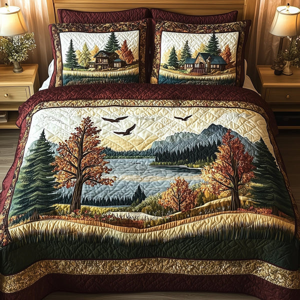 Rustic Harmony quilted 3-piece bedding set on a made bed in a farmhouse bedroom