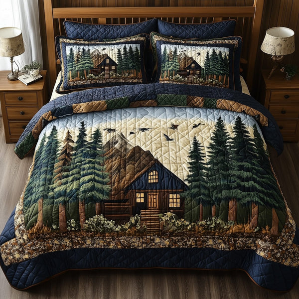 Rustic Harmony quilted 3-piece bedding set on a made bed in a farmhouse bedroom