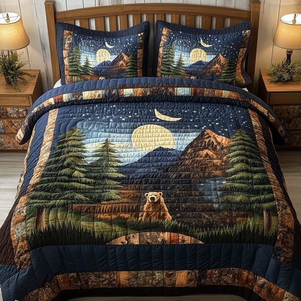 Rustic Harmony quilted 3-piece bedding set on a made bed in a farmhouse bedroom