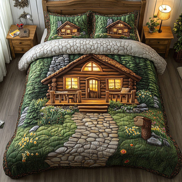 Rustic Haven quilted 3-piece bedding set on a made bed in a farmhouse bedroom
