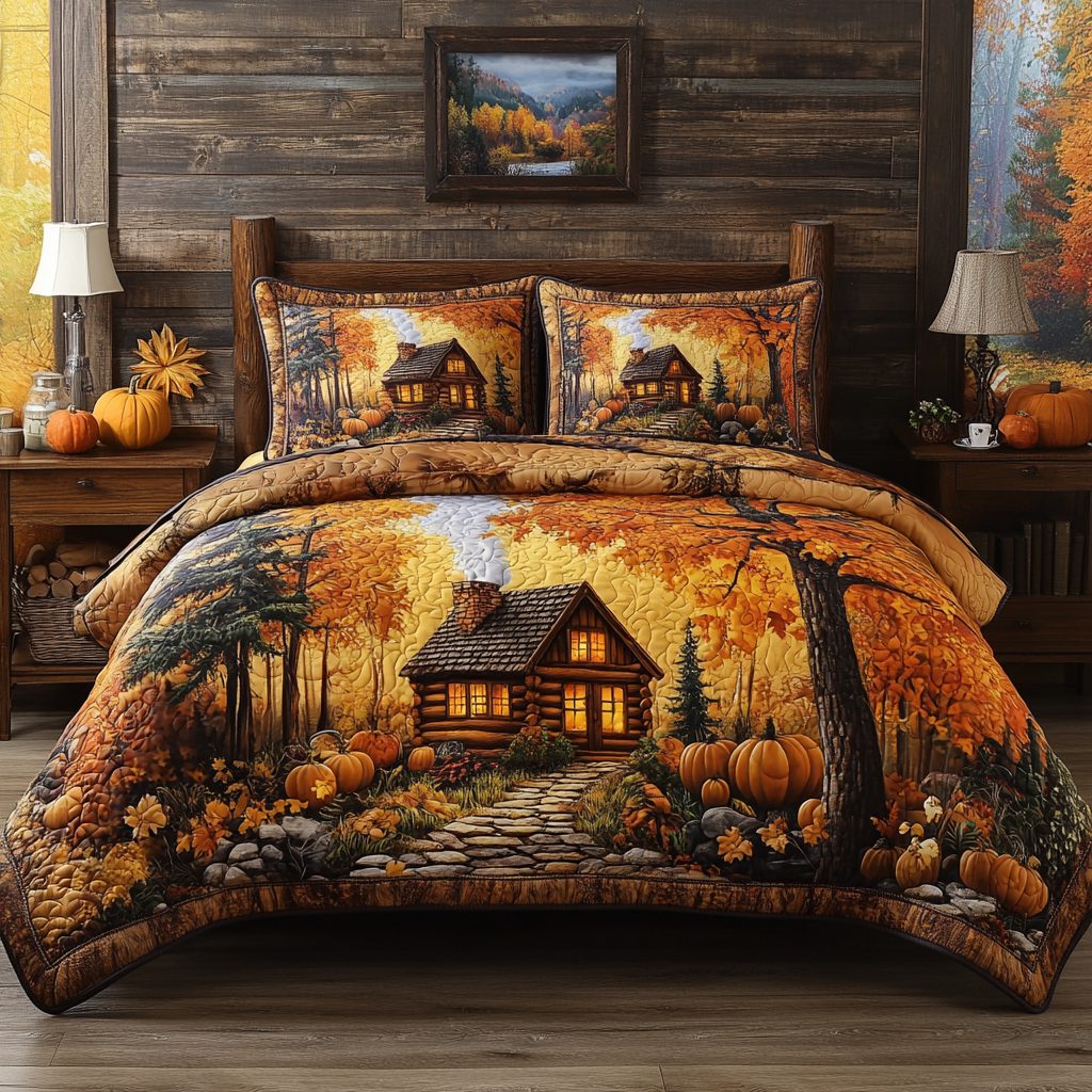 Rustic Haven quilted 3-piece bedding set on a made bed in a farmhouse bedroom