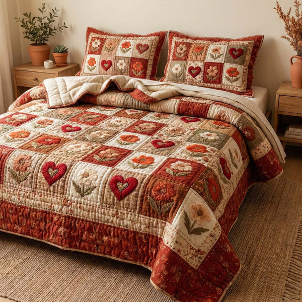 Rustic Hearts quilted 3-piece bedding set on a made bed in a farmhouse bedroom