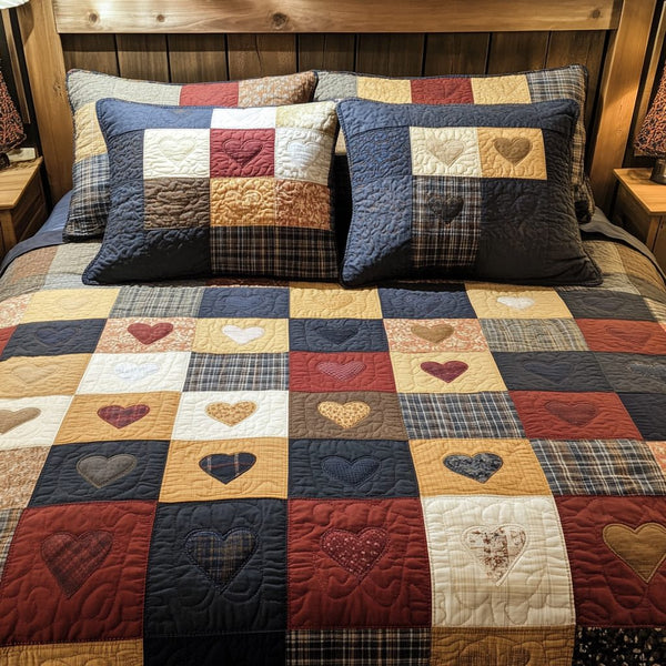 Rustic Hearts quilted 3-piece bedding set on a made bed in a farmhouse bedroom