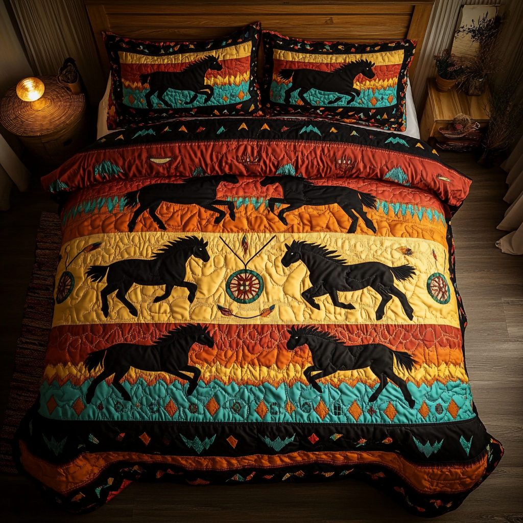 Rustic Herd quilted 3-piece bedding set on a made bed in a farmhouse bedroom