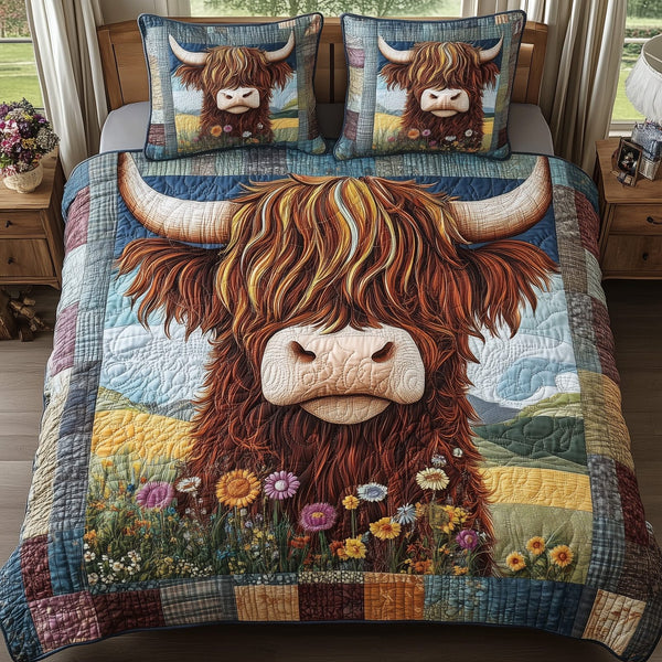 Rustic Highland Cow quilted 3-piece bedding set on a made bed in a farmhouse bedroom