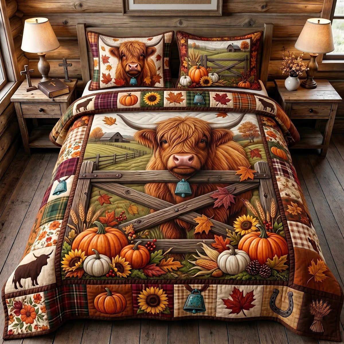 Rustic Highland quilted 3-piece bedding set on a made bed in a farmhouse bedroom