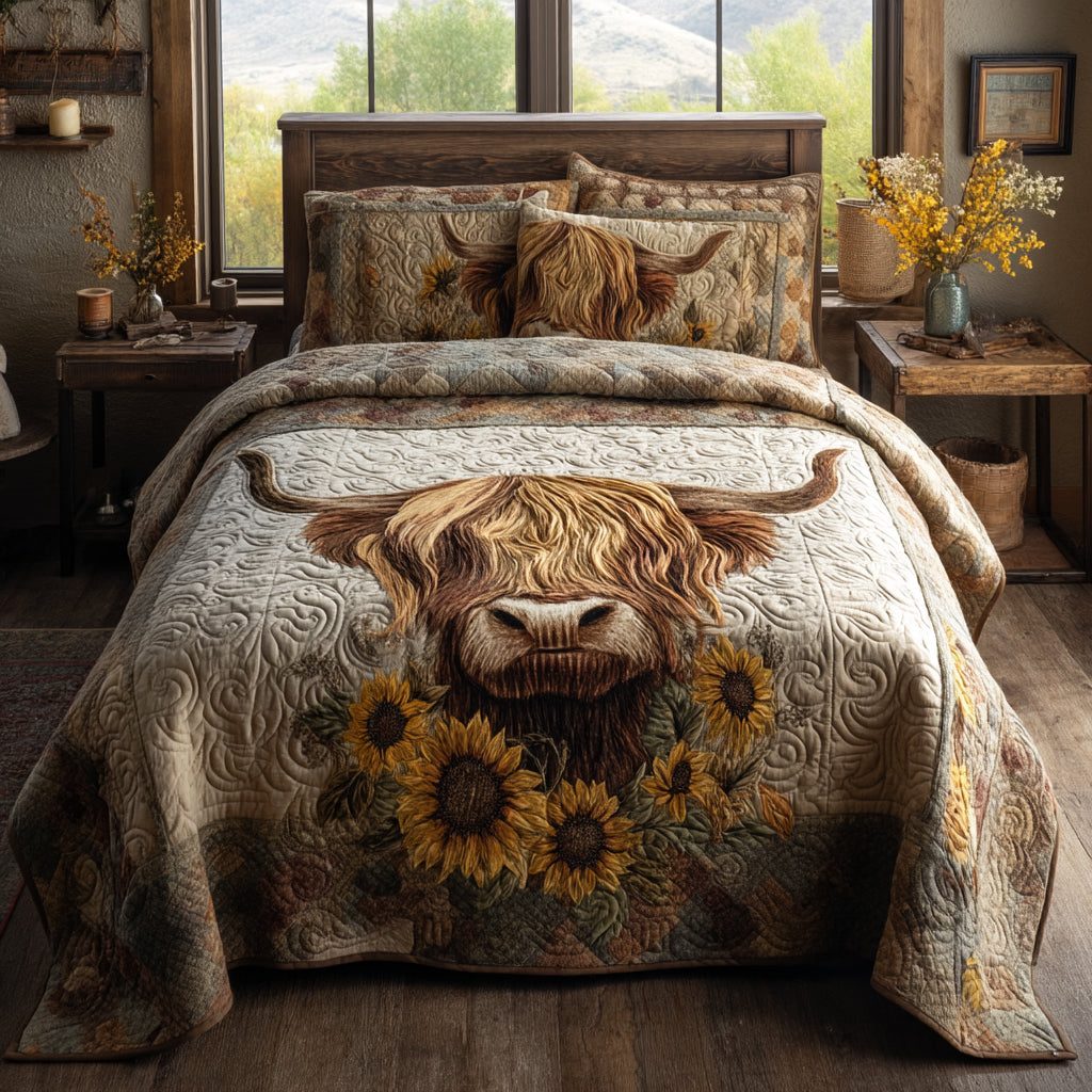 Rustic Highland quilted 3-piece bedding set on a made bed in a farmhouse bedroom