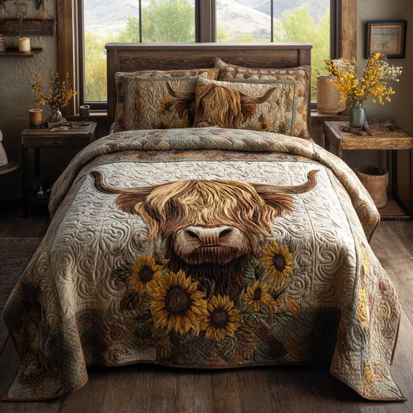 Rustic Highland quilted 3-piece bedding set on a made bed in a farmhouse bedroom