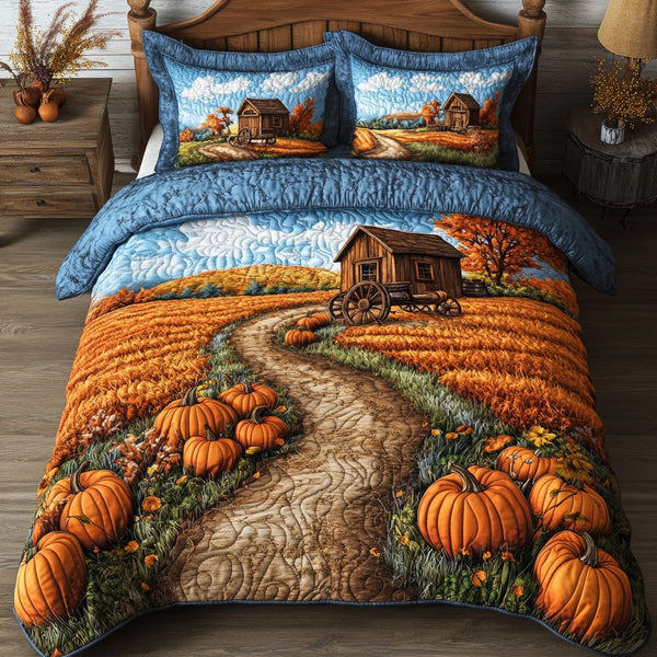Rustic Home quilted 3-piece bedding set on a made bed in a farmhouse bedroom