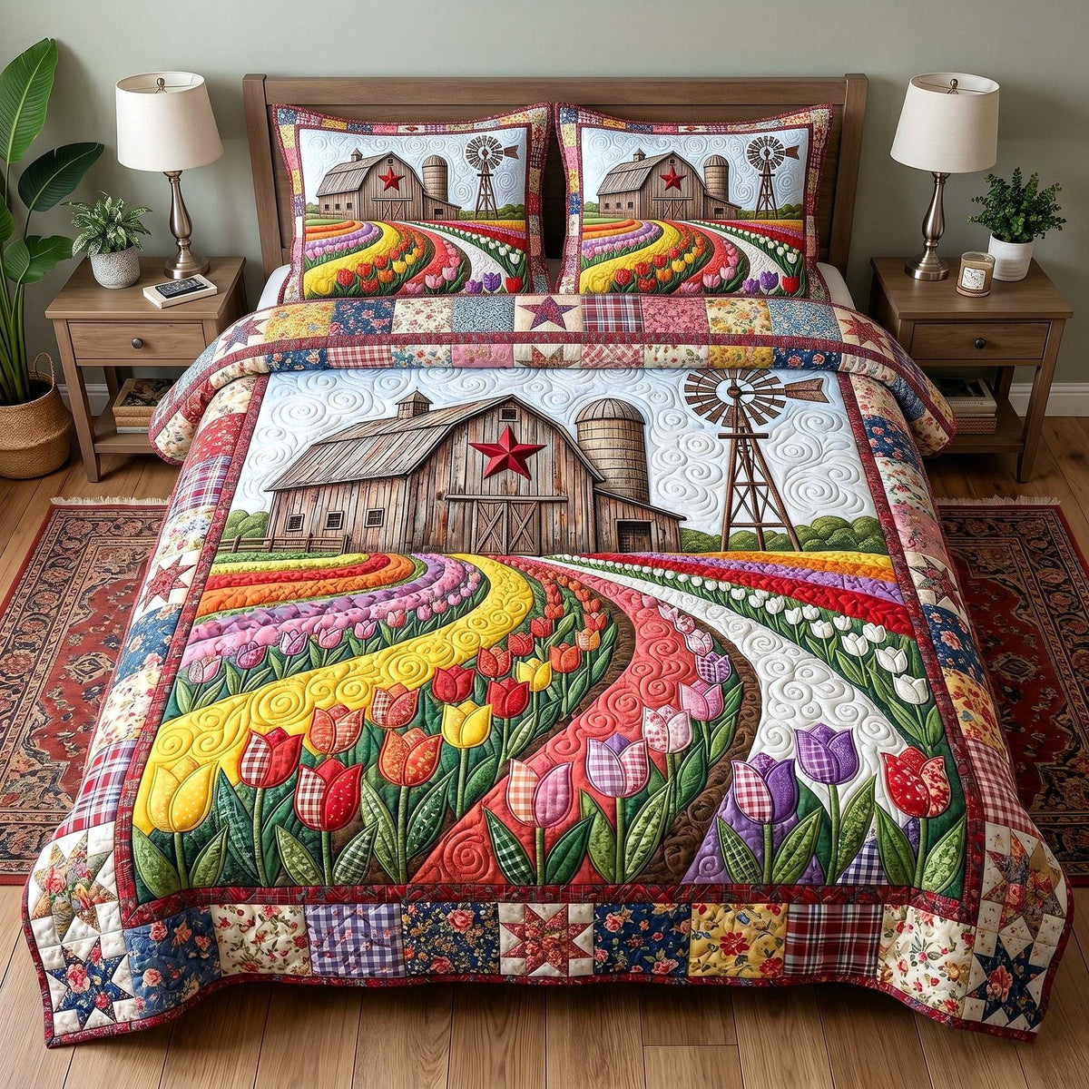 Rustic Homestead quilted 3-piece bedding set on a made bed in a rustic timber bedroom