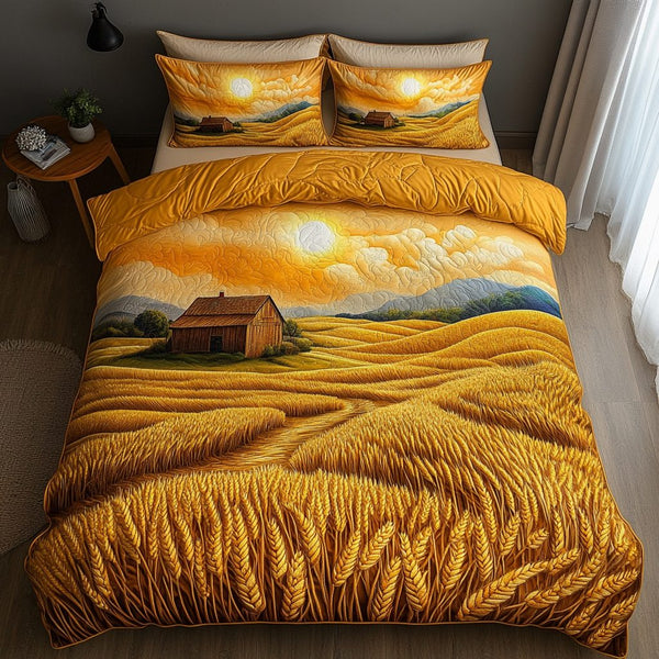 Rustic Horizon quilted 3-piece bedding set on a made bed in a farmhouse bedroom