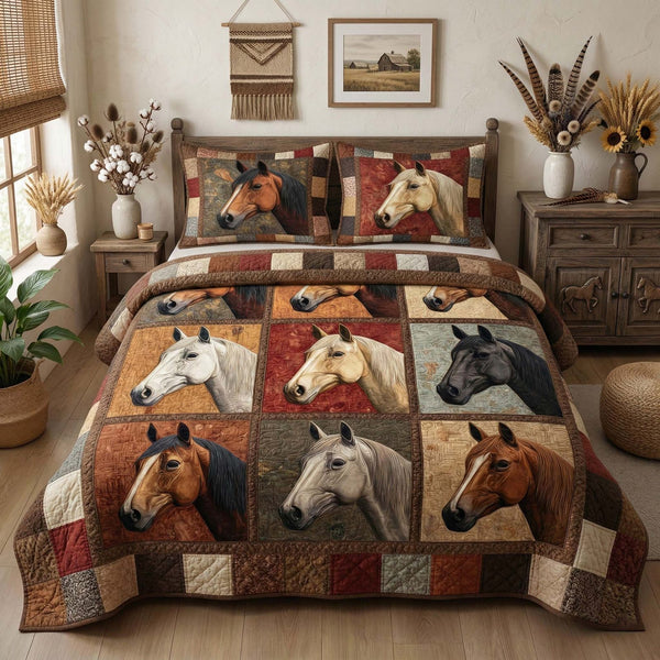 Rustic Horse quilted 3-piece bedding set on a made bed in a rustic timber bedroom