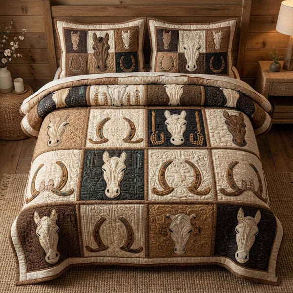 Rustic Horseshoes quilted 3-piece bedding set on a made bed in a farmhouse bedroom