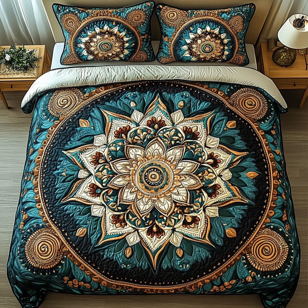 Rustic Infinity quilted 3-piece bedding set on a made bed in a farmhouse bedroom