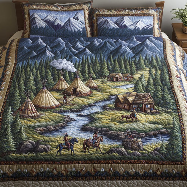 Rustic Journey quilted 3-piece bedding set on a made bed in a farmhouse bedroom
