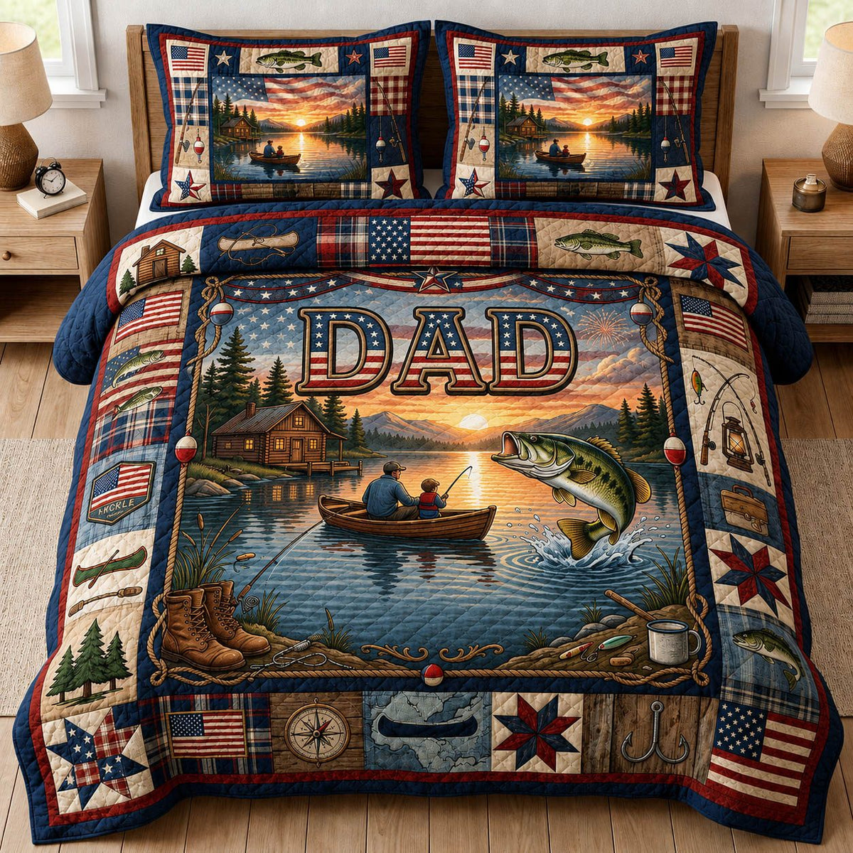 Rustic Lake Fishing quilted 3-piece bedding set on a made bed in a farmhouse bedroom