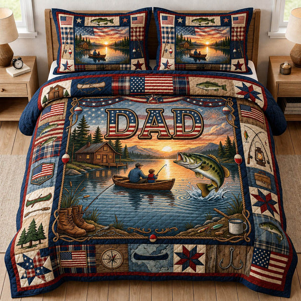 Rustic Lake Fishing quilted 3-piece bedding set on a made bed in a farmhouse bedroom
