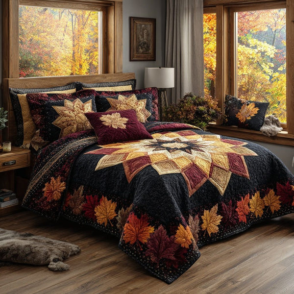 Rustic Leaf Squares quilted 3-piece bedding set on a made bed in a farmhouse bedroom