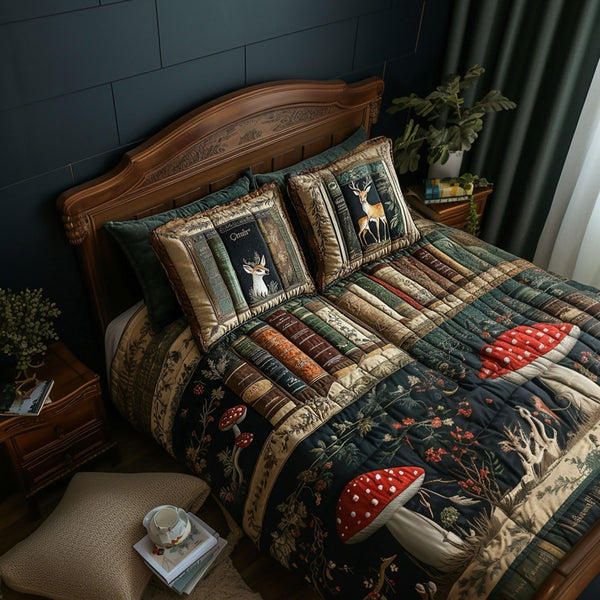 Rustic Library Retreat quilted 3-piece bedding set on a made bed in a farmhouse bedroom