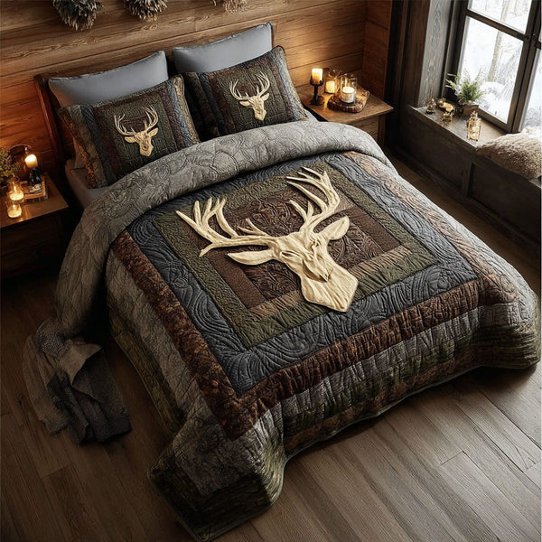 Rustic Lodge quilted 3-piece bedding set on a made bed in a farmhouse bedroom