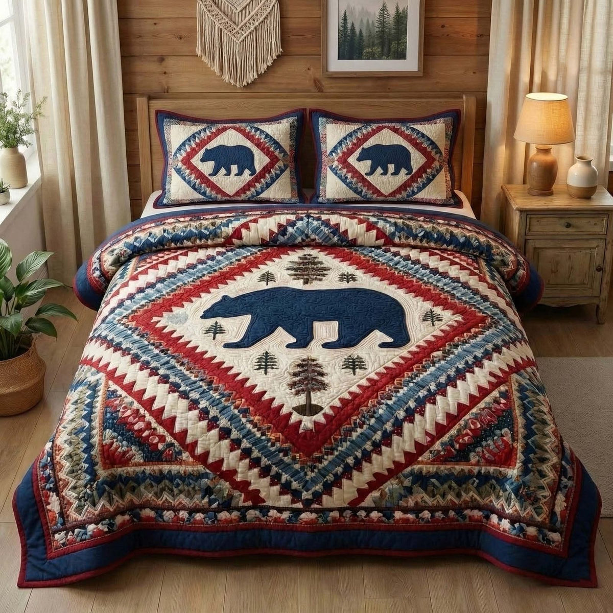 Rustic Lodge Star quilted 3-piece bedding set on a made bed in a farmhouse bedroom