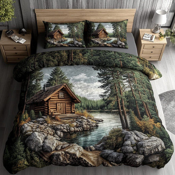 Rustic Log Cabin quilted 3-piece bedding set on a made bed in a farmhouse bedroom
